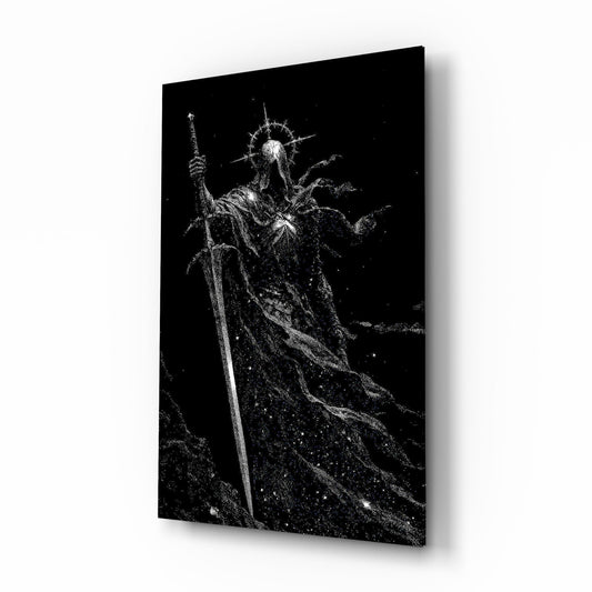 Cosmic Knight Silhouette Monochrome Glass Wall Art