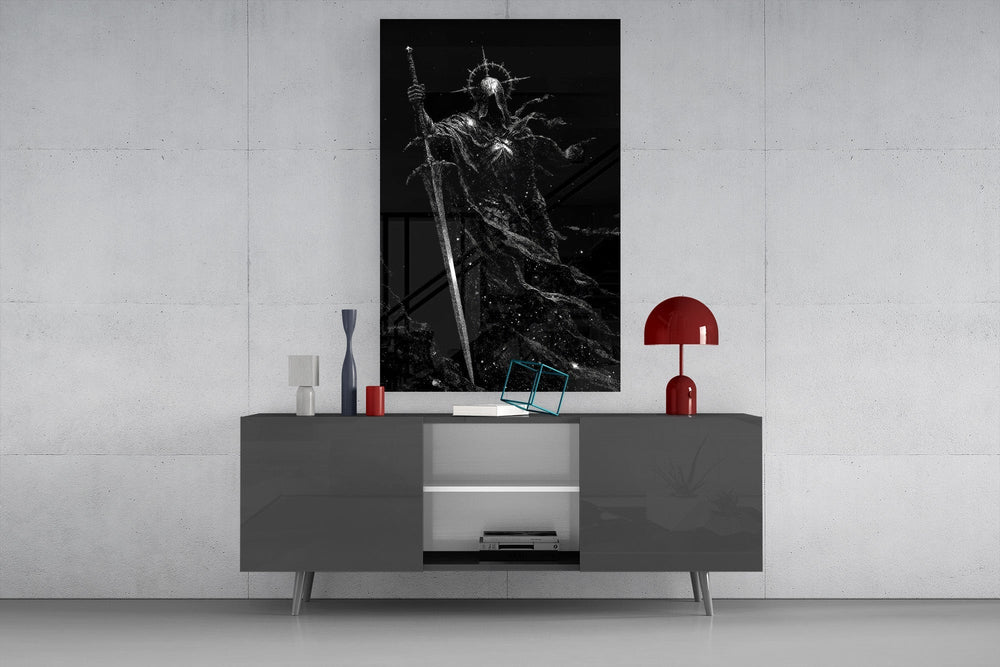 Cosmic Knight Silhouette Monochrome Glass Wall Art