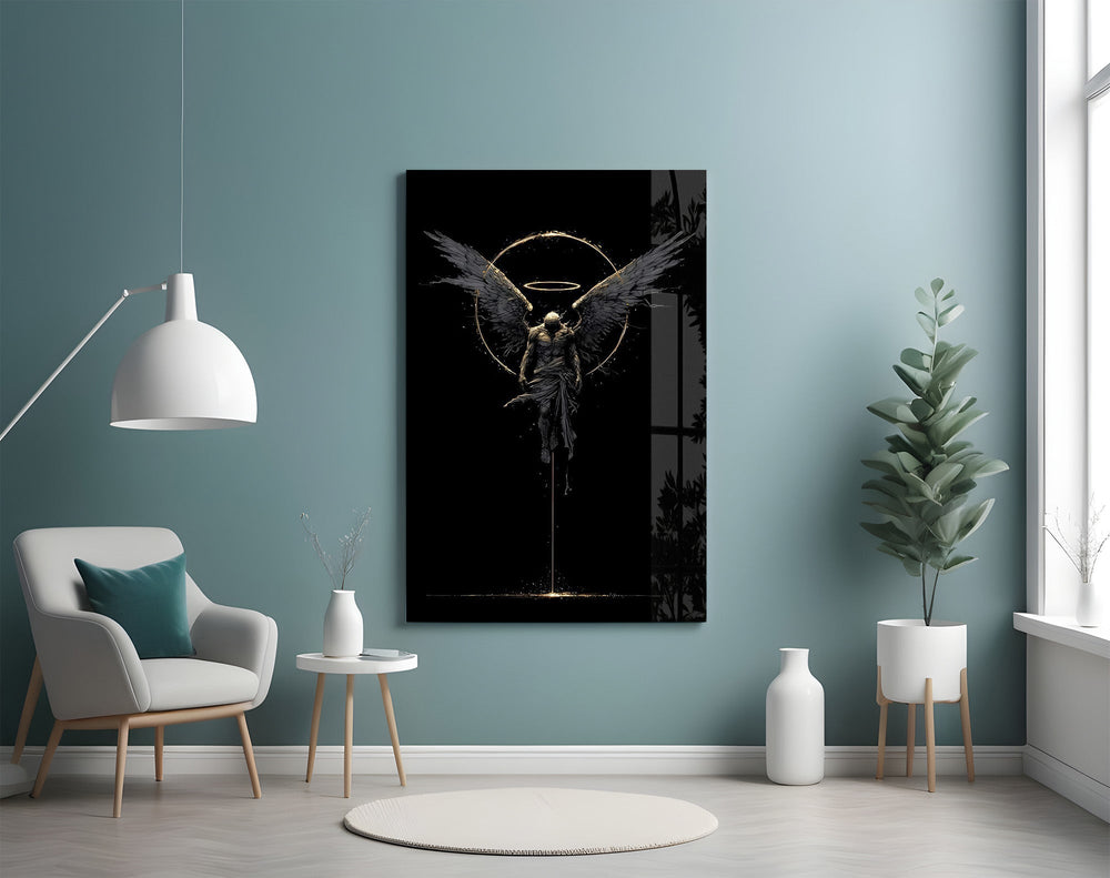 Fallen Angel with Golden Halo Dark Glass Wall Art