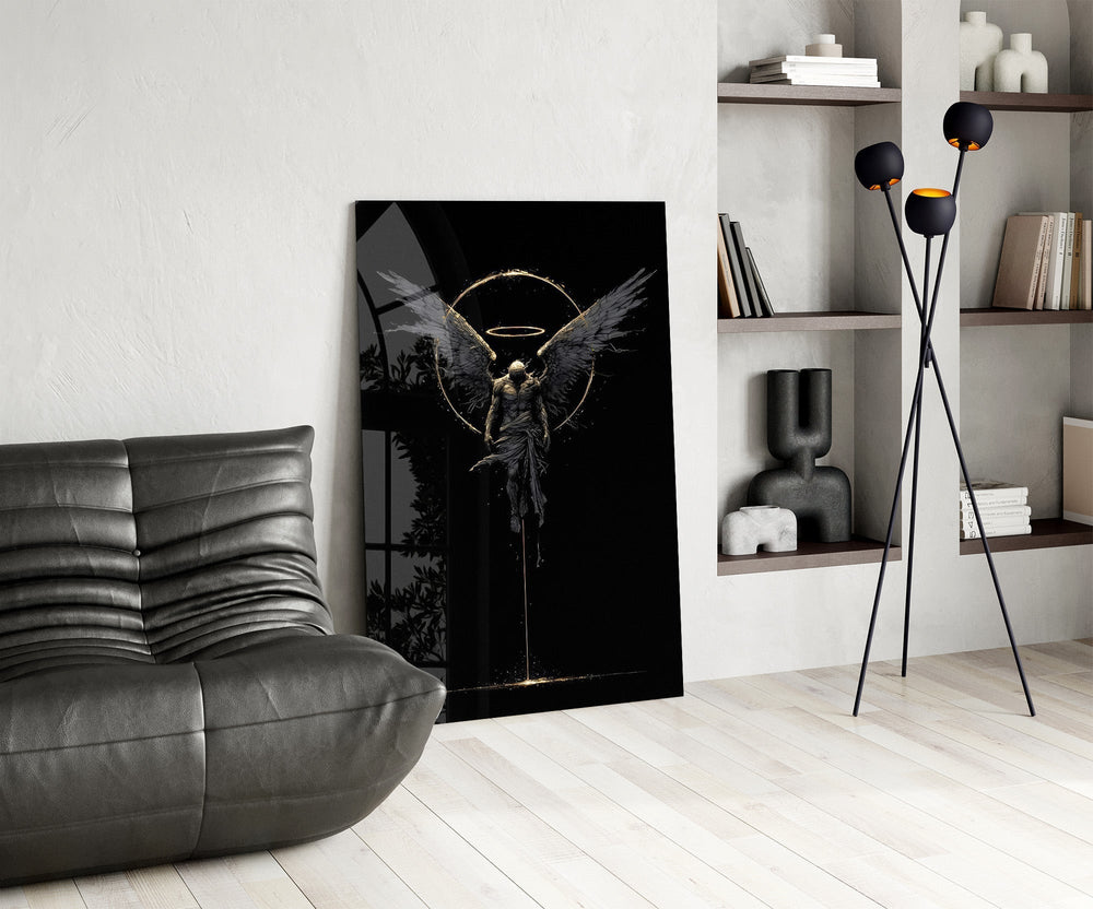 Fallen Angel with Golden Halo Dark Glass Wall Art