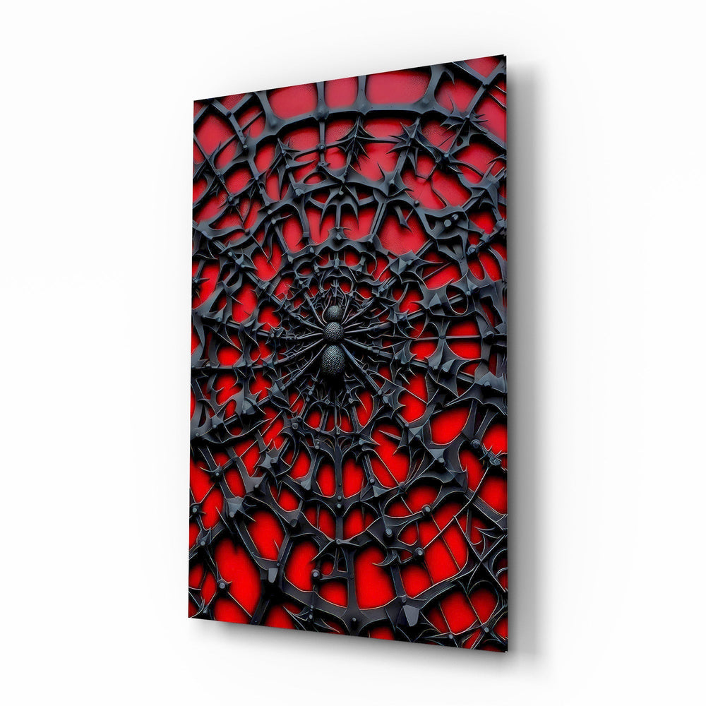 Black Spider Web on Red Gothic Glass Wall Art