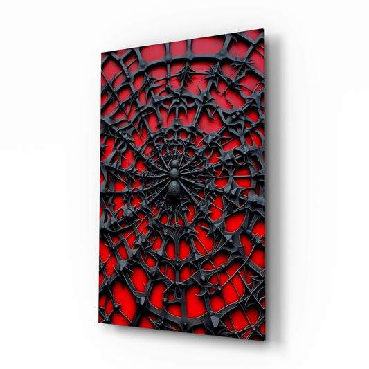 Black Spider Web on Red Gothic Glass Wall Art