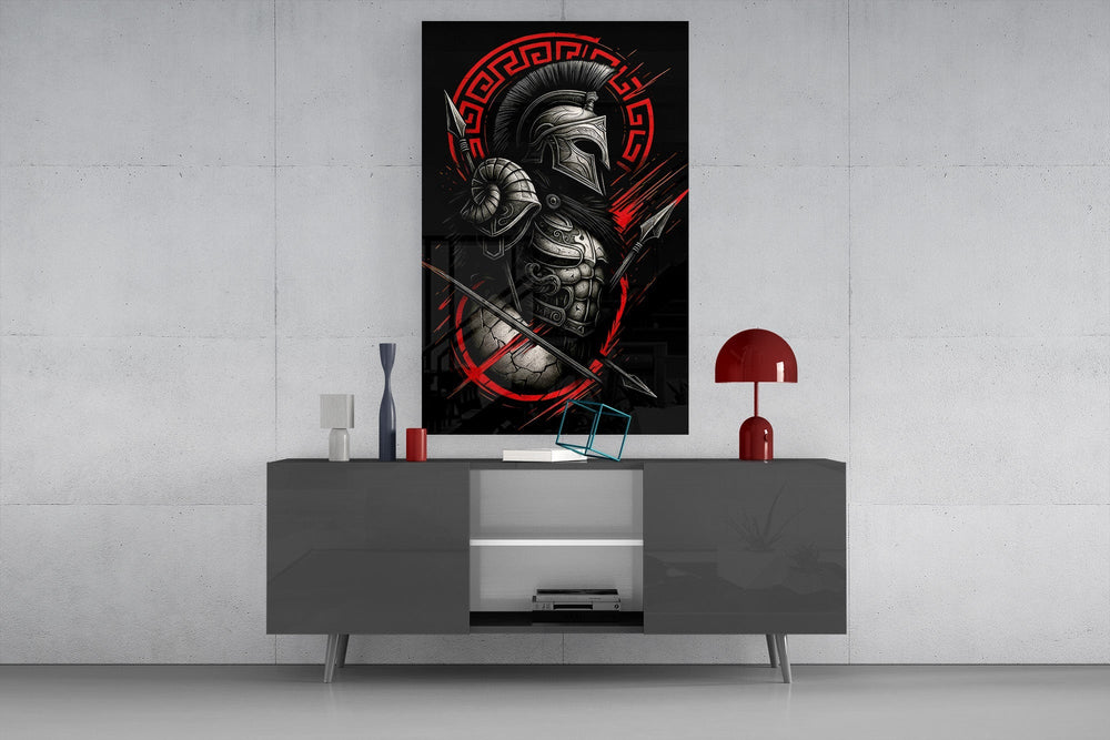 Spartan Warrior with Spears Red Greek Key Glass Wall Art