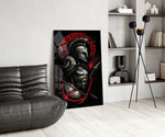 Spartan Warrior with Spears Red Greek Key Glass Wall Art
