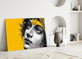 Classical Statue Face on Yellow Pop Art Glass Wall Art