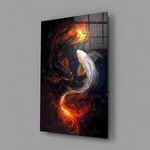 Fire and Silver Koi Yin Yang Glass Wall Art