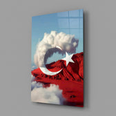 Cloud Crescent and Red Mountain Flag Surreal Glass Wall Art