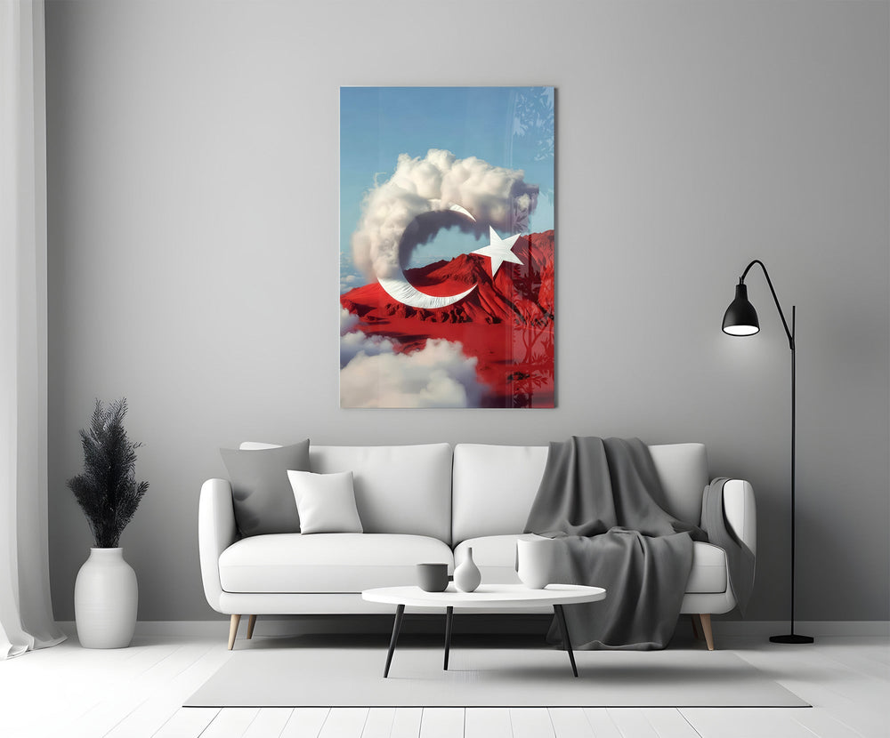 Cloud Crescent and Red Mountain Flag Surreal Glass Wall Art