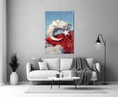 Cloud Crescent and Red Mountain Flag Surreal Glass Wall Art