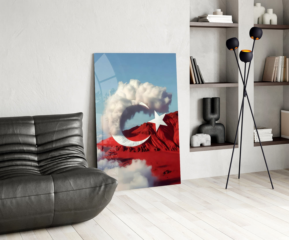 Cloud Crescent and Red Mountain Flag Surreal Glass Wall Art