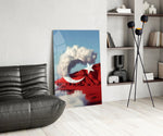 Cloud Crescent and Red Mountain Flag Surreal Glass Wall Art