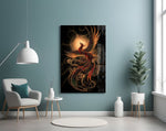 Rising Phoenix with Golden Moon Glass Wall Art