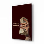 Money Energy Hand with Cash Typography Glass Wall Art