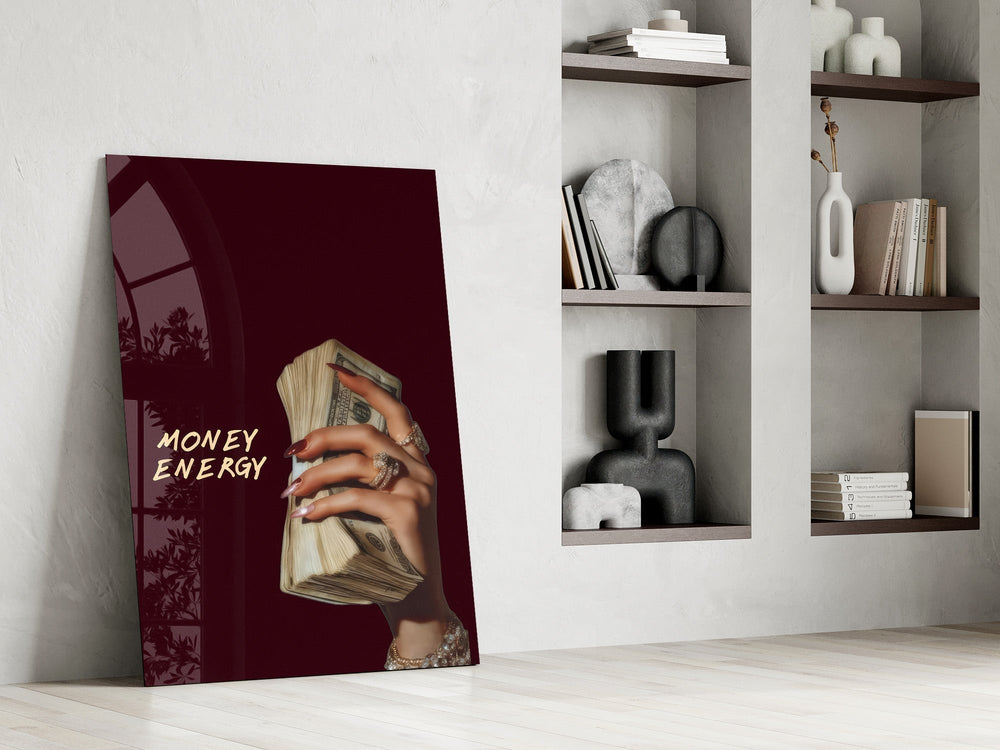 Money Energy Hand with Cash Typography Glass Wall Art