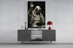Silver Masked Oracle with Book Dark Glass Wall Art