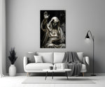 Silver Masked Oracle with Book Dark Glass Wall Art