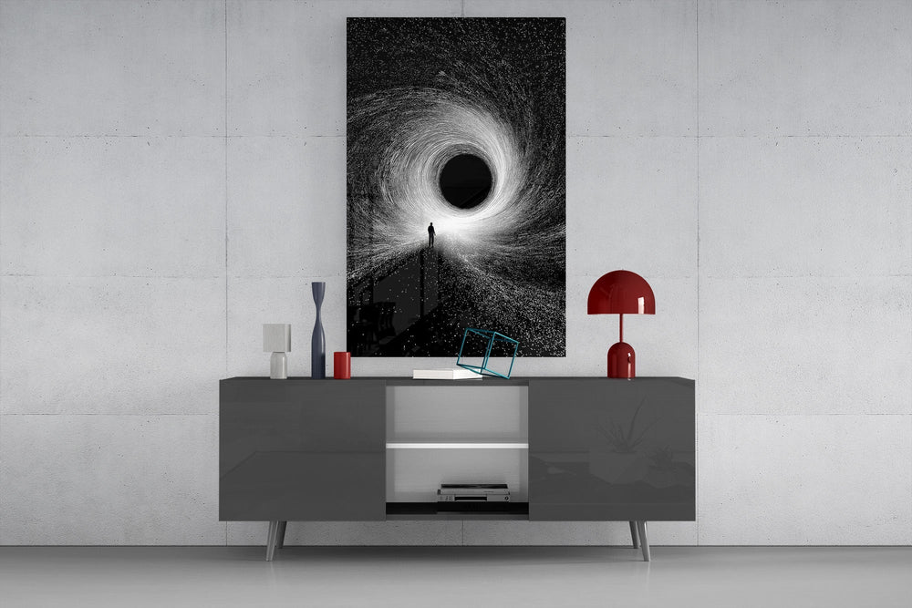Lone Figure Before the Black Hole Glass Wall Art