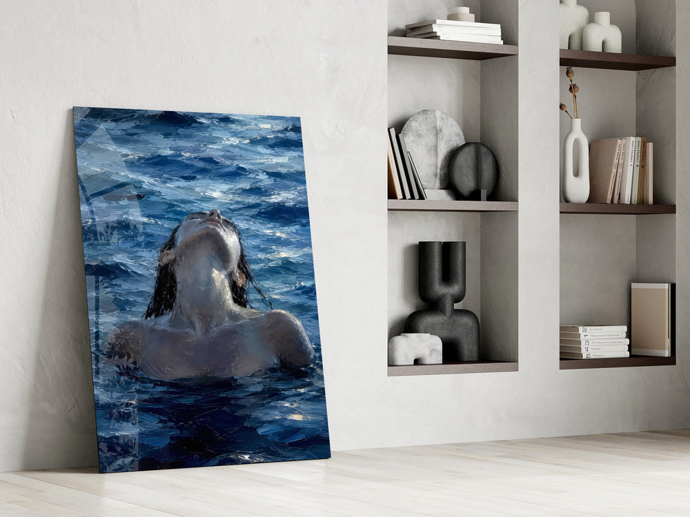 Woman Rising from the Sea Impasto Glass Wall Art