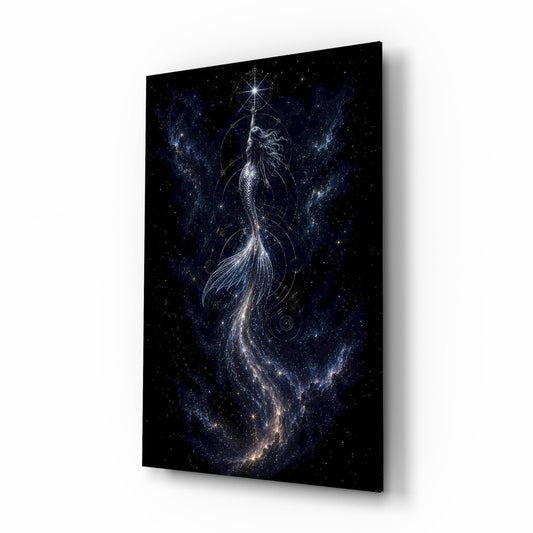 Celestial Mermaid Reaching for a Star Glass Wall Art