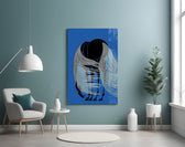 Horse with Flowing Mane Line Art on Blue Glass Wall Art