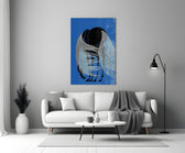 Horse with Flowing Mane Line Art on Blue Glass Wall Art