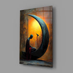 Solitary Figure on a Crescent Moon Surreal Glass Wall Art