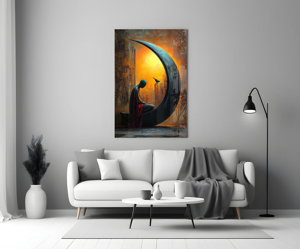 Solitary Figure on a Crescent Moon Surreal Glass Wall Art