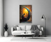 Solitary Figure on a Crescent Moon Surreal Glass Wall Art