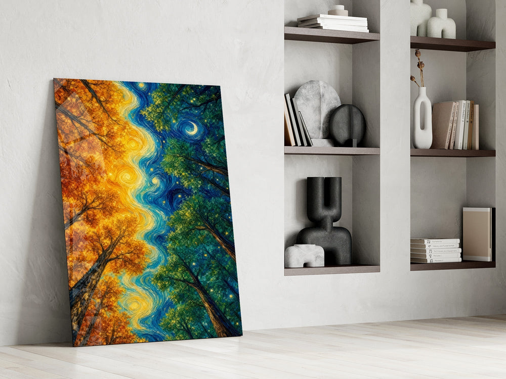 Autumn and Night Forest Swirl Post-Impressionist Glass Wall Art