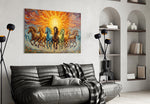 Seven Running Horses Under a Blazing Sun Glass Wall Art