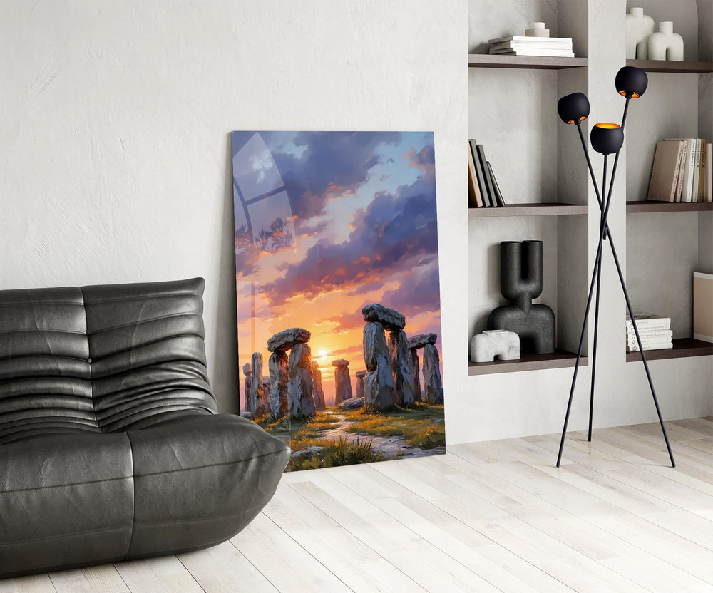 Stonehenge at Sunset Painterly Landscape Glass Wall Art