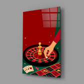 Roulette Wheel and Chess King Casino Illustration Glass Wall Art