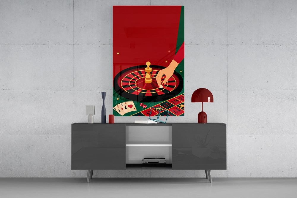 Roulette Wheel and Chess King Casino Illustration Glass Wall Art