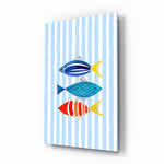 Three Striped Fish on Blue Stripes Coastal Glass Wall Art