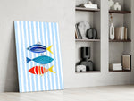 Three Striped Fish on Blue Stripes Coastal Glass Wall Art