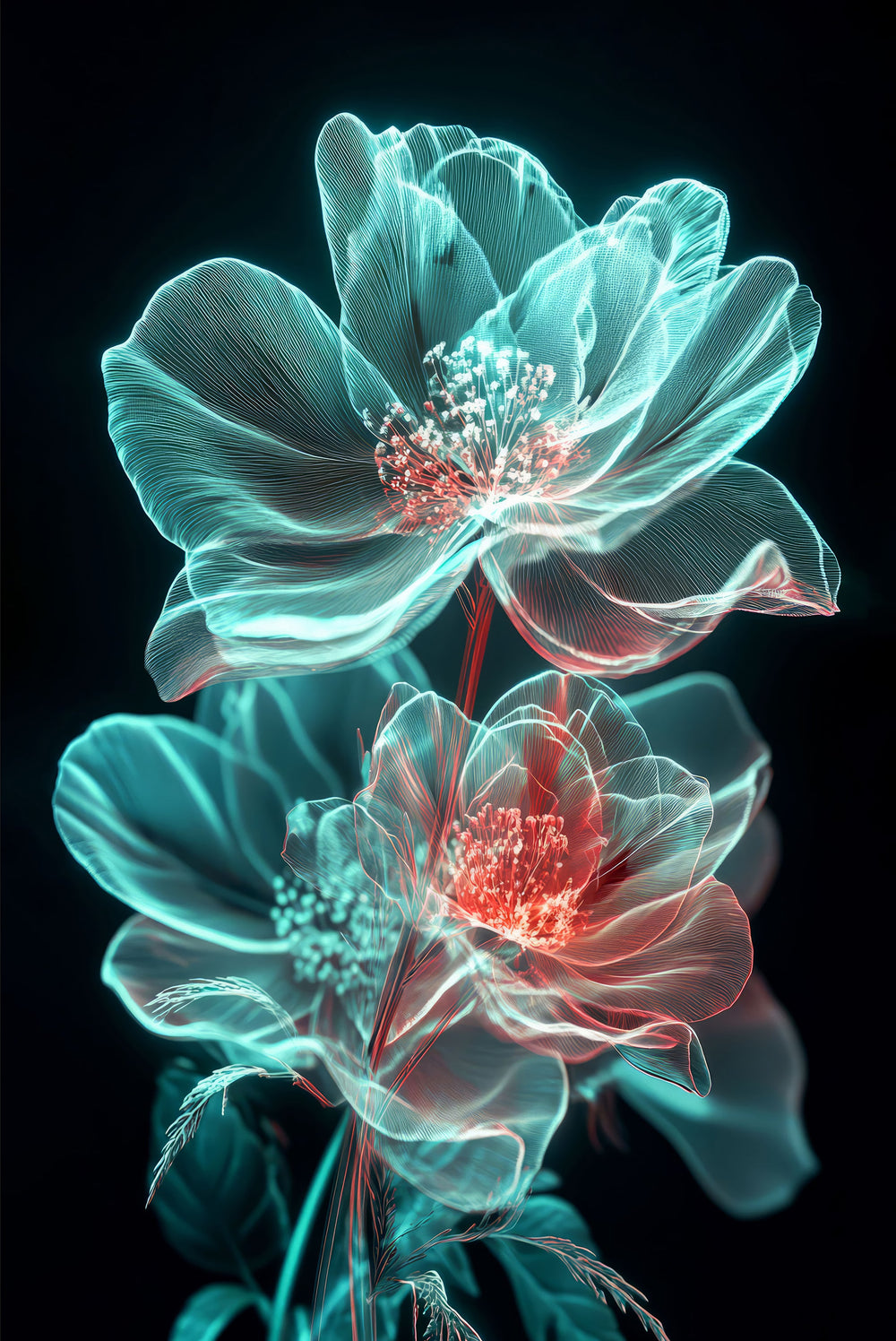 Cyan Ether Blooms — 3D Kabartmalı Premium Duvar Sanatı