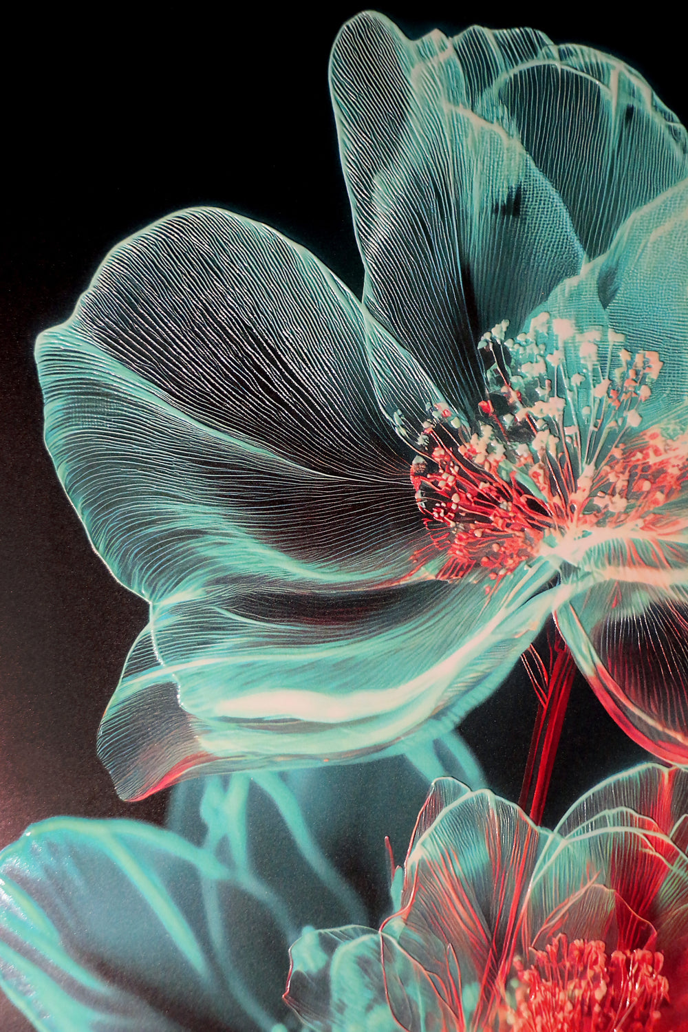 Cyan Ether Blooms — 3D Kabartmalı Premium Duvar Sanatı