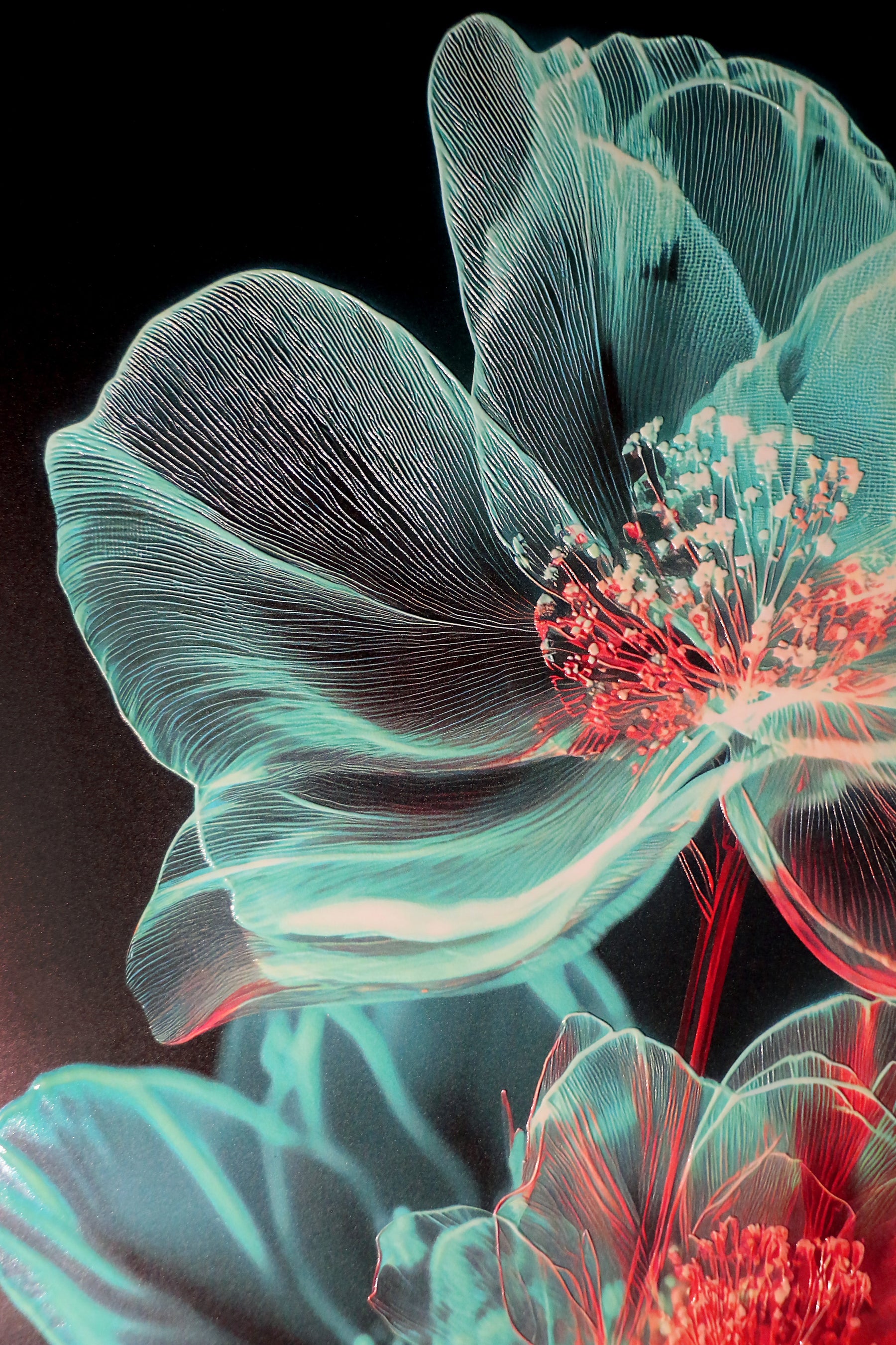 Cyan Ether Blooms — 3D Kabartmalı Premium Duvar Sanatı