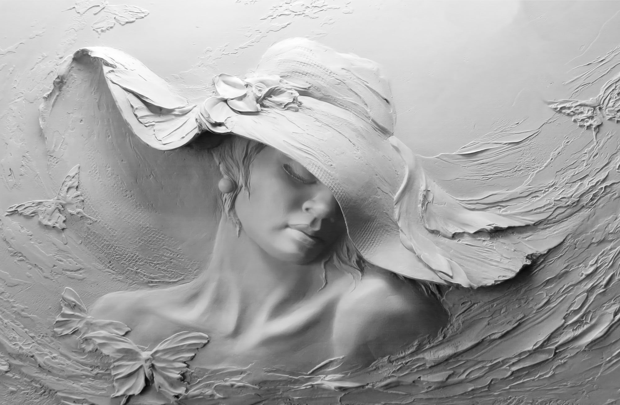 Alabaster Muse & Butterflies — 3D Kabartmalı Premium Duvar Sanatı