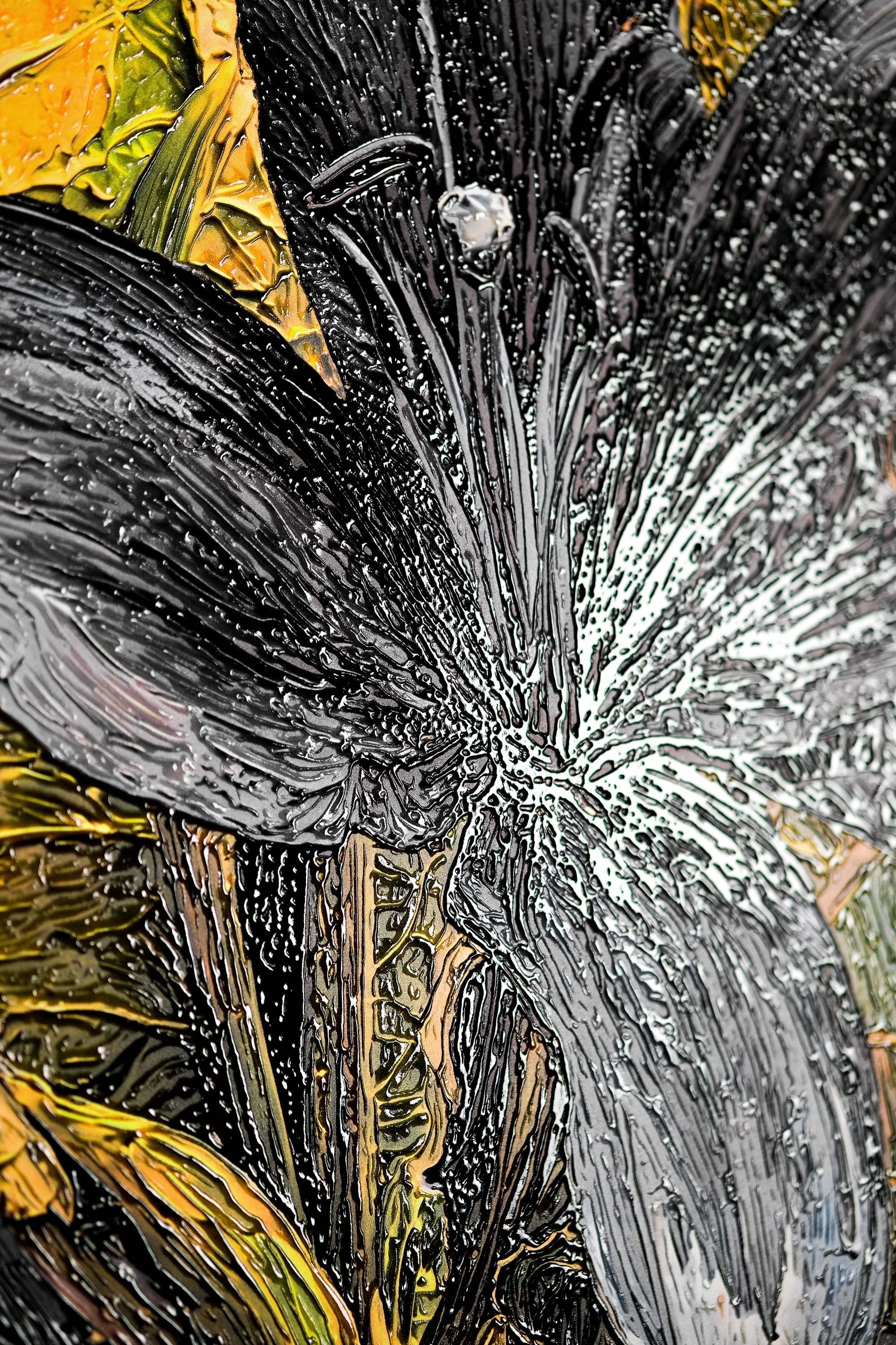 Siyah Zambaklar ve Altın Gölgeler — 3D Kabartmalı Premium Duvar Sanatı