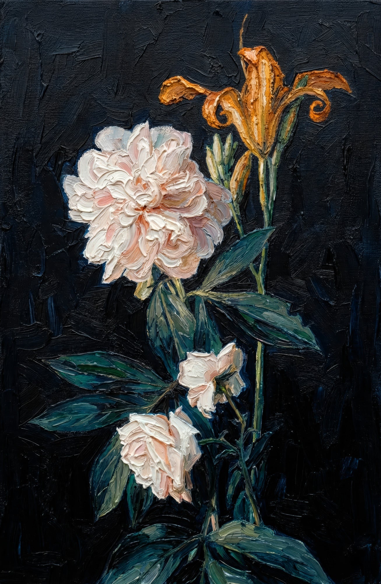 Gece Yarısı Şakayığı ve Kehribar Zambağı — 3D Kabartmalı Premium Duvar Sanatı