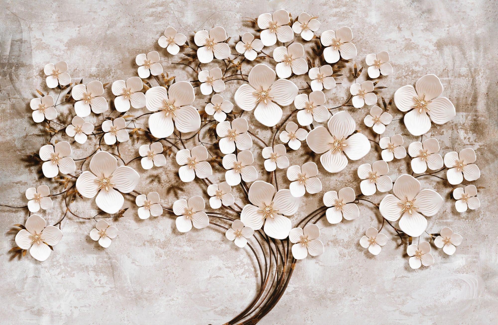 Ivory Floral Symphony — 3D Kabartmalı Premium Duvar Sanatı