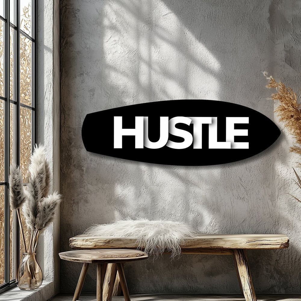 Hustle Tipografi Motivasyon Cam Tablo.