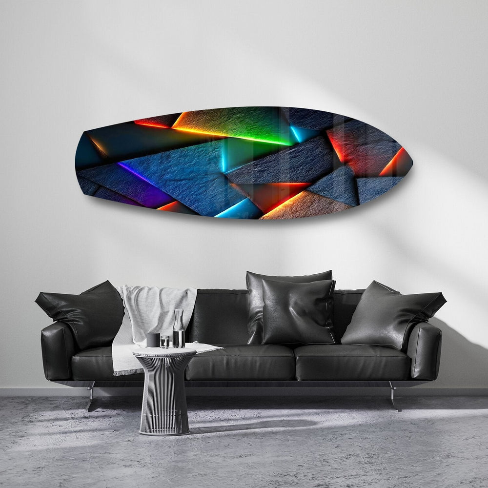 Neon Geometrik Taş Soyut Cam Tablo.