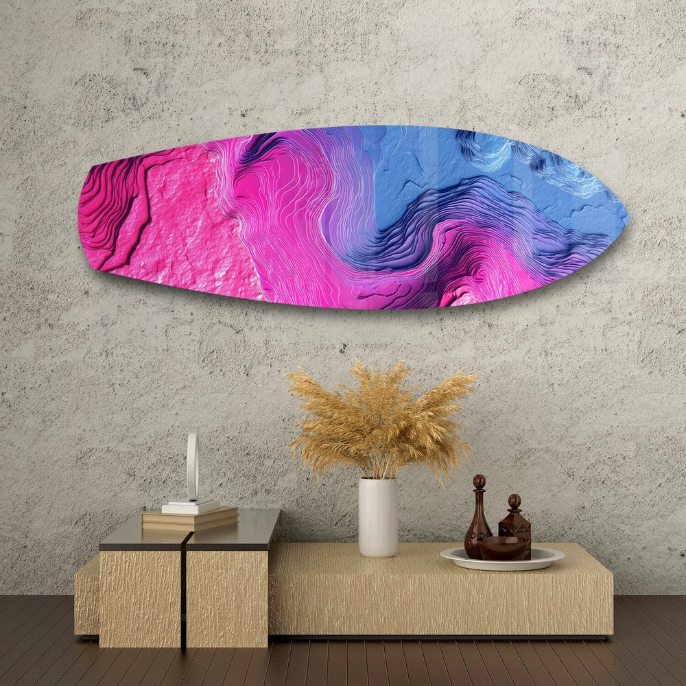 Pembe Mavi Topografik Dalga Soyut Cam Tablo.