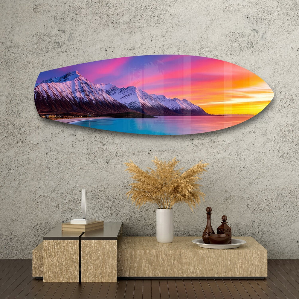 Karlı Dağlar Pastel Gün Batımı Cam Tablo.