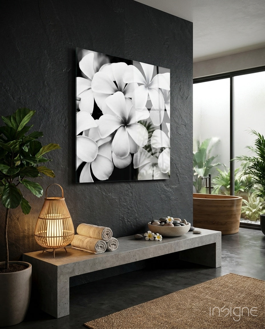 Siyah-Beyaz Çiçekler Cam Tablo