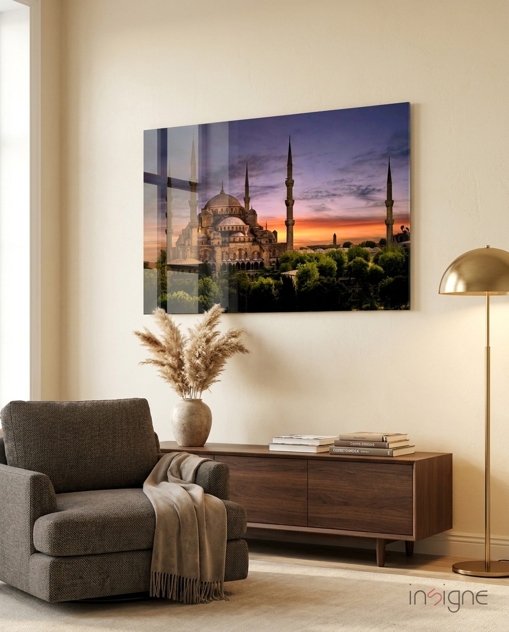 Blue Mosque glass wall art displayed above a console in a designer interior