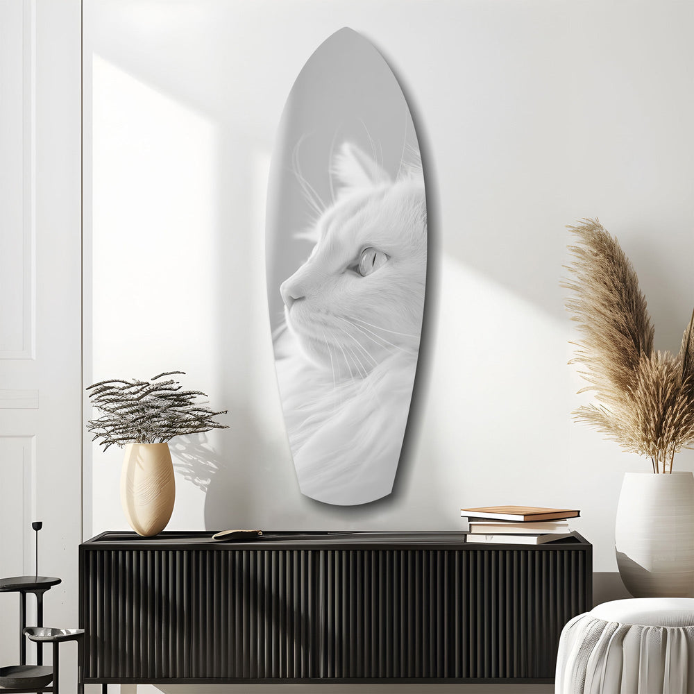 Beyaz Kedi Profili Minimal Cam Tablo.