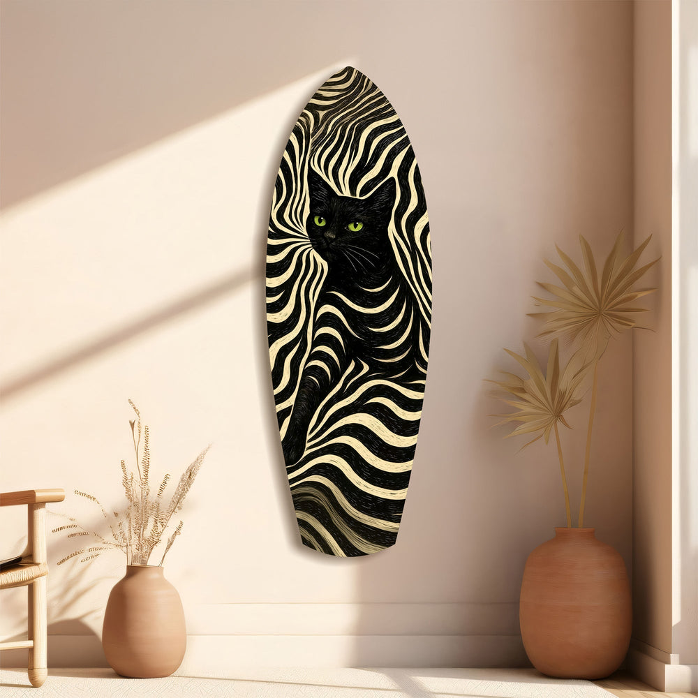 Kara Kedi Dalgalı Optik Desen Cam Tablo.